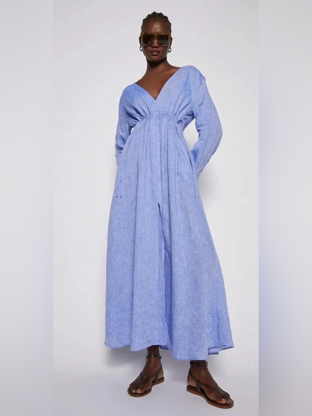 Scanlan Theodore Italian Linen V Neck Dress Blue Size 4
